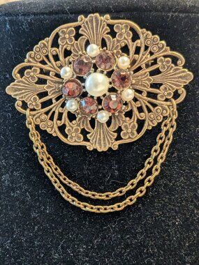 Vintage 1930s Amber Glass & Faux Pearl Filigree Double Chain Brooch